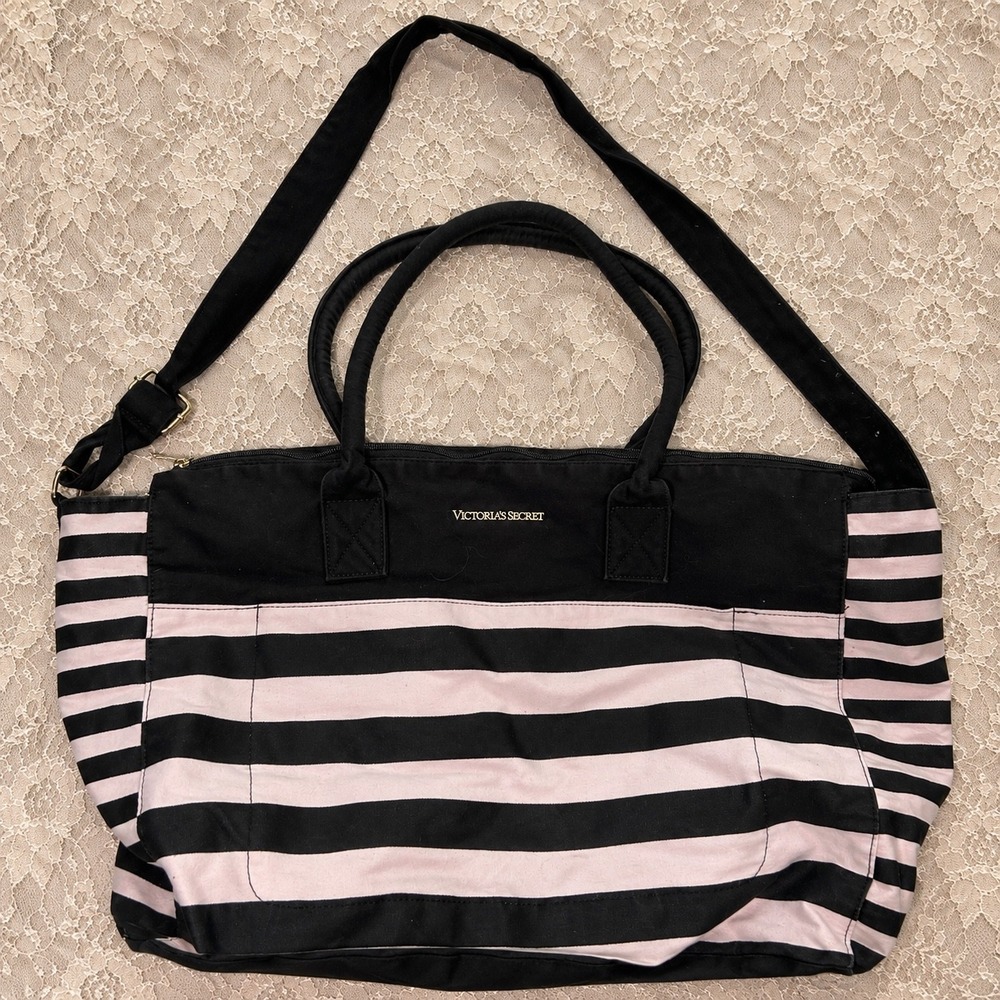Y2K Victorias Secret Pink Black Striped Canvas Tote Bag Crossbody 2000s Duffle